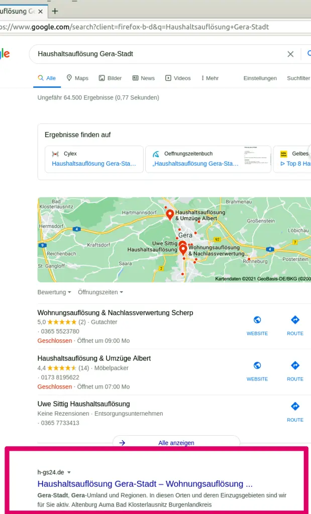 Google - Haushaltsauflösung Gera-Stadt - Ranking