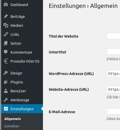 Administrator-Oberfläche im Menüpunkt Einstellungen